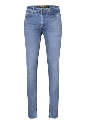 Lichtblauwe slim-fit herenjeans met knopen aan de voorkant, ritssluiting, riemlussen en vijfzakkenontwerp.