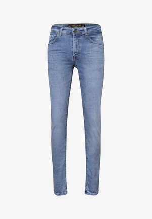 Light blue slim-fit men's jeans with front button and zipper, belt loops, and five-pocket design.