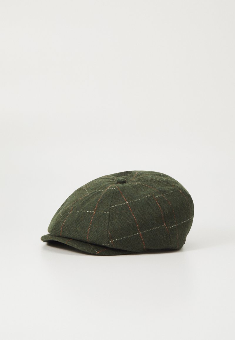 Green wool cap with a textured finish, featuring a plaid pattern in white and orange lines, and a rounded shape with a front peak.