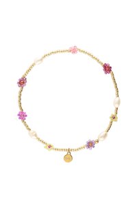 Goldene Perlenkette mit mehrfarbigen Blumenakzenten in Pink und Lila, Perlendetails und einem kleinen Anhänger.