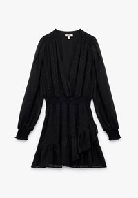 Schwarzes Kleid mit langen Ärmeln, V-Ausschnitt, gerafftem Bund und Rüschensaum. Verfügt über eine gepunktete Textur im gesamten Kleid. Erhältlich aus leichtem Stoff.