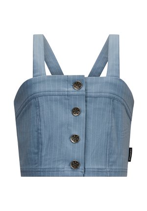 Blau gestreifter Crop-Top mit breiten Trägern, Knopfverschluss vorne, strukturiertem Design und glatter Textur. Verfügt über silberfarbene Knöpfe.
