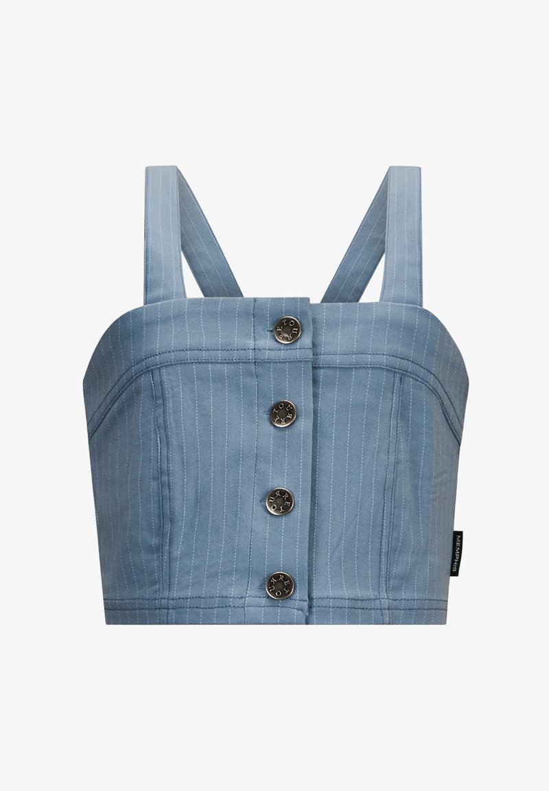 Niebieski top typu crop z szerokimi ramiączkami, z przodu zapinany na guziki, o ustrukturyzowanym fasonie i gładkiej fakturze. Posiada guziki w srebrnym odcieniu.