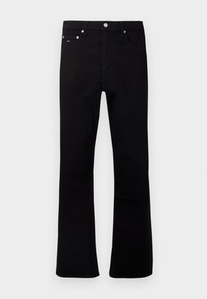 Black straight-leg jeans with five pockets, silver button, and small red, white, and blue logo on front right pocket.