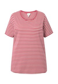 Camiseta a rayas en rosa y blanco, de mangas cortas, con cuello redondo, ajuste relajado, hecha de material de algodón suave con una textura lisa.