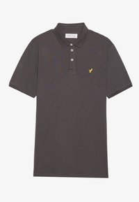 Siva polo majica s ovratnikom, tri gumbe na zapiranju, kratkimi rokavi in majhnim rumenim logotipom na prsih. Narejena iz teksturiranega materiala.