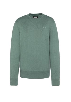 Suéter de punto verde con cuello redondo, puños y dobladillo acanalados, y un pequeño logo en el pecho. Textura suave y diseño casual.