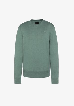 Suéter de punto verde con cuello redondo, puños y dobladillo acanalados, y un pequeño logo en el pecho. Textura suave y diseño casual.