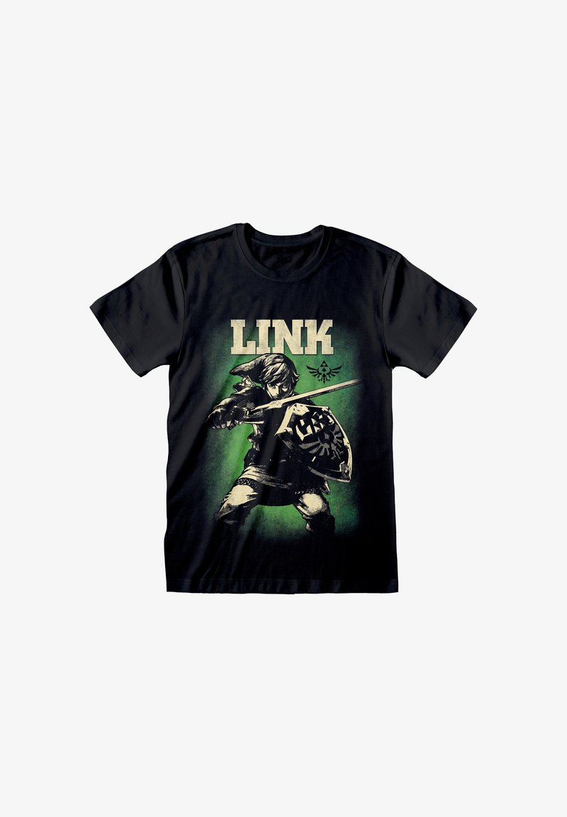 Černé bavlněné tričko s grafikou šermíře, textem "LINK" a zeleným pozadím. Design zobrazuje jemné detaily brnění a štítu.