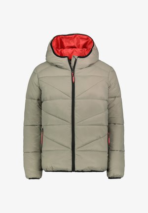 Beige gepolsterte Jacke mit Kapuze, mit rotem Futter, schwarzem Reißverschluss und diagonalen Steppnähten. Zwei mit Reißverschluss verschließbare Seitentaschen.