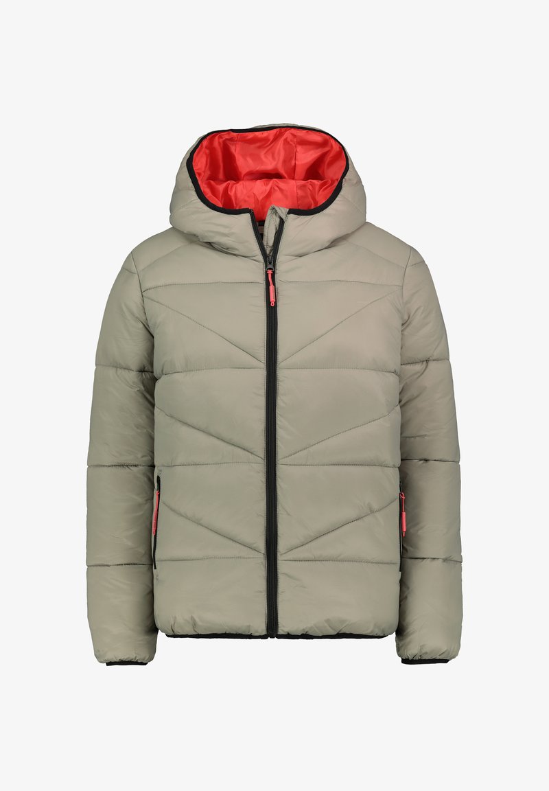 Padded beige jacket with a hood, featuring a red lining, black zipper, and diagonal stitching patterns. Two zippered side pockets.