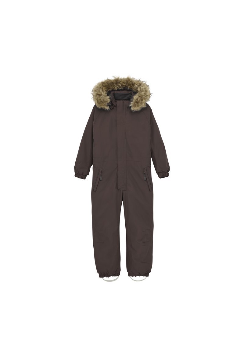 Brun isolerad snowsuit med en huva fodrad med konstpäls, dragkedja fram och elastiska manschetter och anklar. Har två framfickor.