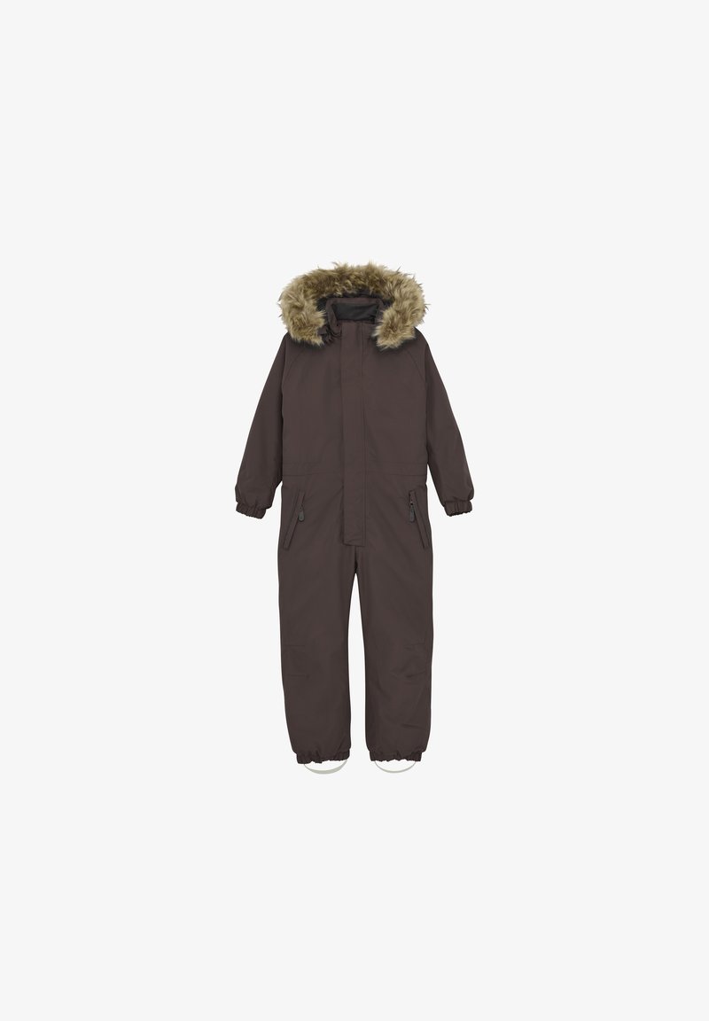 Brun isolerad snowsuit med en huva fodrad med konstpäls, dragkedja fram och elastiska manschetter och anklar. Har två framfickor.