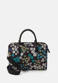 Blumen-Laptop-Tasche mit schwarzem Hintergrund und mehrfarbigen Blumenmustern, doppelten schwarzen Griffen und einem verstellbaren Tragegurt. Strukturiertes Gewebe.