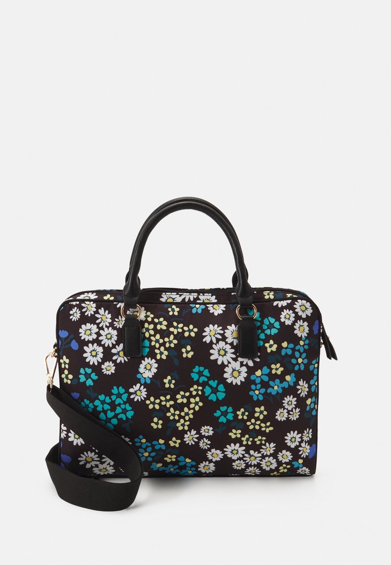 Blumen-Laptop-Tasche mit schwarzem Hintergrund und mehrfarbigen Blumenmustern, doppelten schwarzen Griffen und einem verstellbaren Tragegurt. Strukturiertes Gewebe.