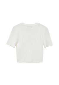 Top corto a maniche corte lavorato a maglia, bianco, steso su una superficie piana, visto da dietro, con scollatura rotonda su uno sfondo bianco.