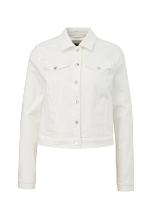 Weiße Jeansjacke mit kragenförmigem Ausschnitt, vorderem Knopfverschluss, zwei Brusttaschen und langen Ärmeln. Mit silbernen Hardware-Akzenten.