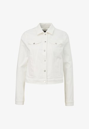 Weiße Jeansjacke mit kragenförmigem Ausschnitt, vorderem Knopfverschluss, zwei Brusttaschen und langen Ärmeln. Mit silbernen Hardware-Akzenten.