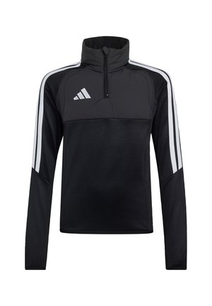 Czarna sportowa koszulka z długim rękawem i półzamkiem, białe paski na ramionach i rękawach oraz białe logo Adidas na lewej piersi.