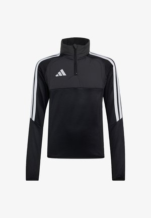 Černý sportovní top s dlouhým rukávem a polovičním zipem, bílé pruhy na ramenou a rukávech a bílé logo Adidas na levé straně hrudi.