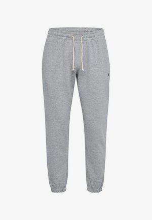 Pantalons de survêtement gris en mélange de coton doux, avec une taille élastique à cordon de serrage, des poignets élastiques et un petit logo sur la cuisse.
