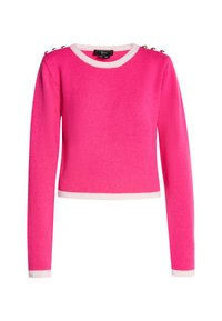 Maglione lavorato a maglia di un brillante colore rosa con maniche lunghe, colletto e orlo bianco, accentuato da bottoni dorati sulle spalle.
