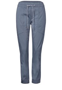 Blå bomullsbyxor med elastisk midjeband, justerbar dragsko, fickor med dragkedja på sidorna, smal passform och avslutade anklar.