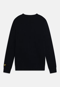 Czarny sweatshirt wykonany z miękkiego materiału, z długimi rękawami, okrągłym dekoltem i małym żółtym logo na lewym rękawie.