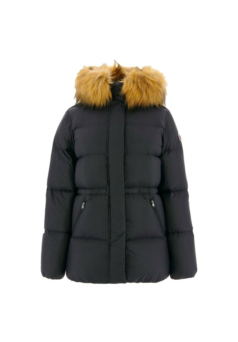 Černá péřová bunda s odnímatelnou kapucí z umělé kožešiny, zipovými předními kapsami, prošívaným designem a žebrovanými manžetami. Měkká, hladká textura.