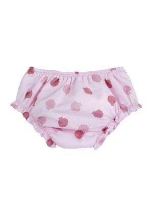 Jasnoróżowe bloomersy dla niemowląt z elastycznym pasem i otworami na nogi, ozdobione rozmieszczonymi ciemnoróżowymi wzorami muszelek.