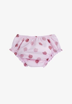 Hellrosa Baby-Pumphosen mit elastischem Bund und Beinöffnungen, verziert mit verstreuten Muschelmuster in dunklerem Rosa.