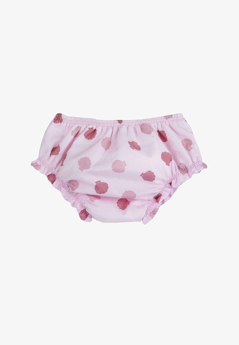 Bloomers bébé rose clair avec taille et ouvertures aux jambes élastiques, décorés de motifs coquillages rose foncé éparpillés.