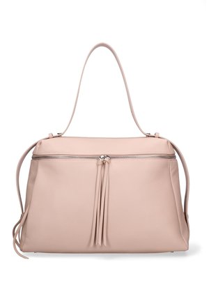 Borsa a mano in morbida pelle rosa con cerniera superiore e doppie nappine, con tracolla corta e design pulito e strutturato.