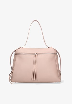 Sac à main en cuir rose doux avec fermeture éclair supérieure et doubles pampilles, doté d'une courte bandoulière et d'un design épuré et structuré.