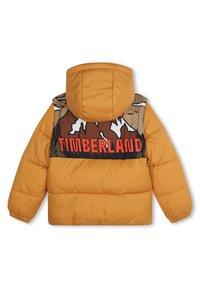 Giacca gialla imbottita con cappuccio, caratterizzata da una stampa grafica di montagne e il testo "TIMBERLAND" in rosso intenso sul retro. Decorata con un pannello scuro.
