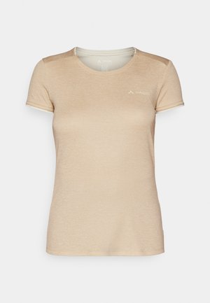 Beige short-sleeve t-shirt made of soft fabric. Round neckline with light-colored trim, and subtle logo printed near the shoulder.