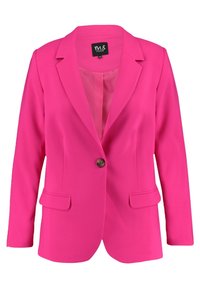 Blazer rosa con un solo botón, solapas con muesca y dos bolsillos frontales. Fabricado con tejido liso y corte entallado.