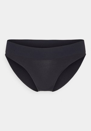 Black bikini briefs made of smooth fabric, featuring a wide elastic waistband and a classic cut. No visible patterns or textures.