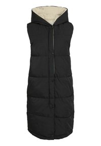 Veste sans manches matelassée noire avec capuche, doublure beige clair, boutons frontaux et design matelassé pour l'isolation et la chaleur.