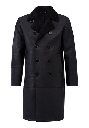 Schwarzer doppelt geknöpfter Ledermantel mit strukturiertem Kragen, zwei Fronttaschen und sechs passenden Knöpfen. Lange Ärmel und gerader Schnitt.