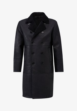 Black leather double-breasted coat with a textured collar, two front pockets, and six matching buttons. Long sleeves and straight cut.