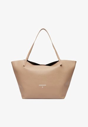 Borsa a mano in pelle beige con due spallacci, apertura superiore ampia e piccolo logo bianco Patrizia Pepe al centro frontale.