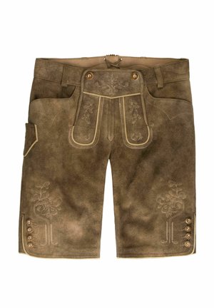 Bruine suède traditionele lederhosen korte broek met bloemenborduursel, voorflap met knopen, zijzak en knoopdetails aan de zoom van de broekspijpen.