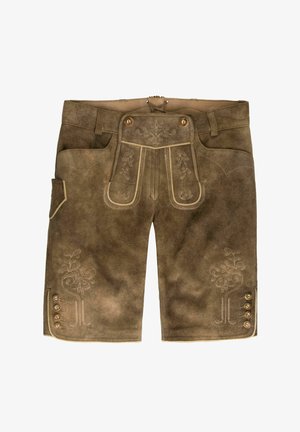 Braune Wildleder-Lederhosen-Shorts mit traditioneller floraler Stickerei, Frontklappe mit Knöpfen, Seitentasche und Knopfdetails an den Beinabschlüssen.