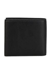 Portafoglio bifold in pelle nera con texture liscia e bordi cuciti. Design compatto con molteplici scomparti per carte e un vano per banconote.