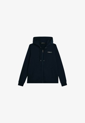 Veste à capuche zippée bleu marine avec poches avant, capuche réglable par cordon et logo "FREDDY" sur la poitrine gauche et étiquette à l'intérieur du cou.