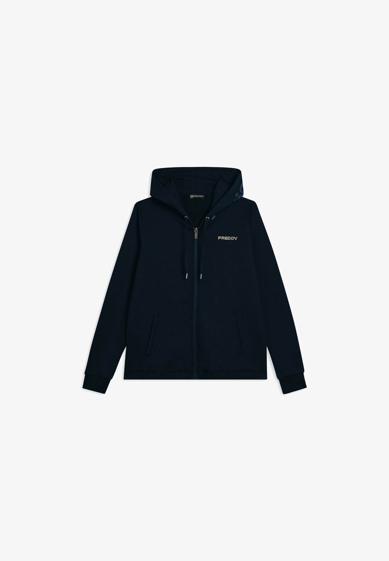 Felpa con zip blu navy, con tasche frontali, cappuccio con cordino e logo "FREDDY" sul lato sinistro del petto e nell'etichetta interna del collo.