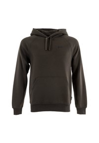 Felpa cappuccio marrone scuro con tasca frontale, cappuccio con coulisse e logo discreto sul lato sinistro del petto, su sfondo bianco.