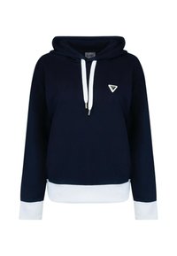 Felpa con cappuccio blu navy in morbido materiale, con un laccio bianco, polsini bianchi a contrasto e un piccolo logo triangolare sul petto.