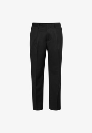 Zwarte broek met een rechte poot snit, met een gladde textuur en een vlakke voorkant. Inclusief riemlussen en twee zijzakken.